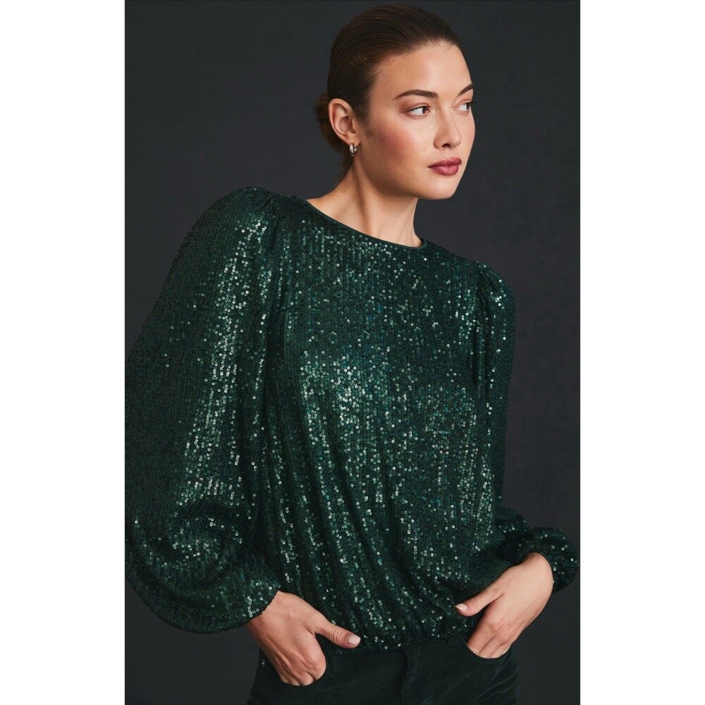 Anthropologie Flat White Sequin Top Women Green Preppy Holiday Retro Sz XSP NWT